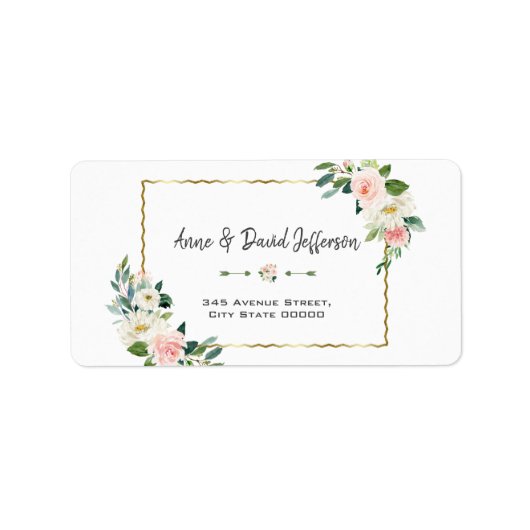 Waterverf Blush Flowers Gold Navy Wedding Etiket (Voorkant)