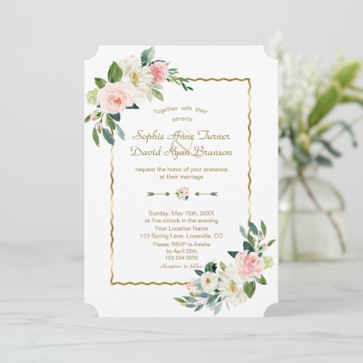 Waterverf Blush Flowers Gold Navy Wedding Kaart (Staand voorkant)