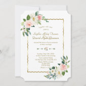 Waterverf Blush Flowers Gold Navy Wedding Kaart (Voorkant)
