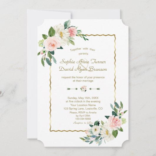 Waterverf Blush Flowers Gold Navy Wedding Kaart (Voorkant)