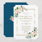 Waterverf Blush Flowers Gold Navy Wedding Kaart (Voorkant / Achterkant)