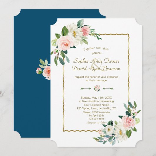 Waterverf Blush Flowers Gold Navy Wedding Kaart (Voorkant / Achterkant)