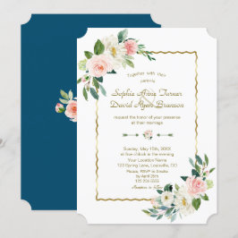 Waterverf Blush Flowers Gold Navy Wedding Kaart