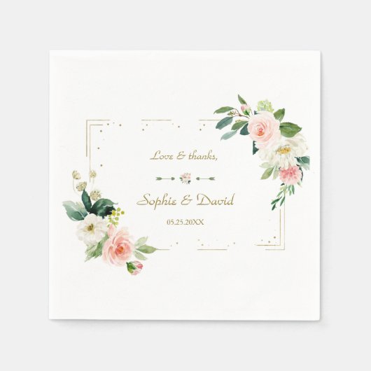 Waterverf Blush Flowers Gold Navy Wedding Servet (Voorkant)