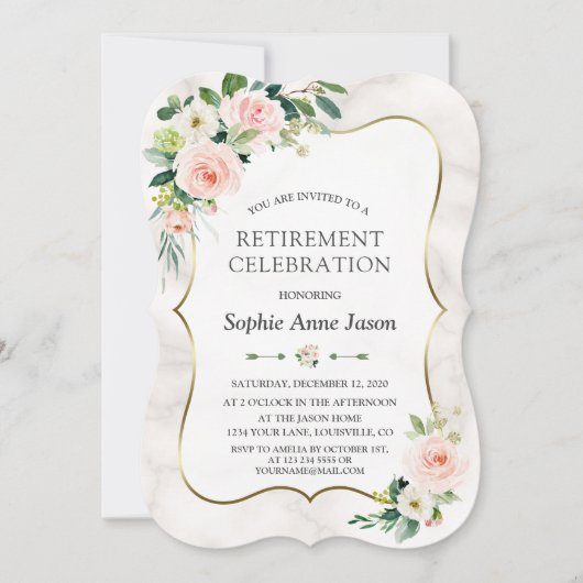 Waterverf Blush Flowers Gold Retirement Party Kaart (Voorkant)