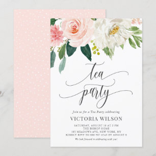 Waterverf Blush Flowers Grey Tea Party Kaart