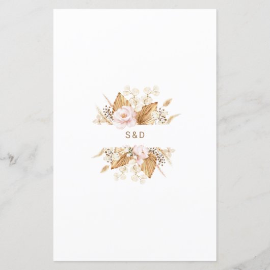 Waterverf Blush Flowers Pampas Grass Wedding Menu (Achterkant)