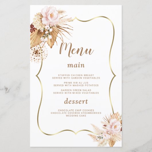 Waterverf Blush Flowers Pampas Grass Wedding Menu (Voorkant)