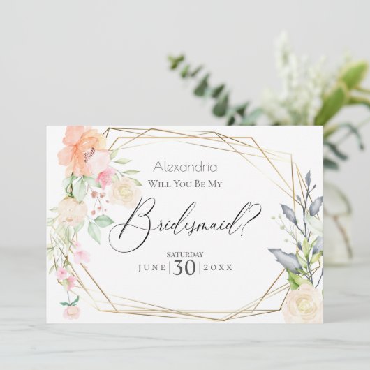 Waterverf Blush Flowers zal je mijn Bridesmaid zij Kaart (Staand voorkant)