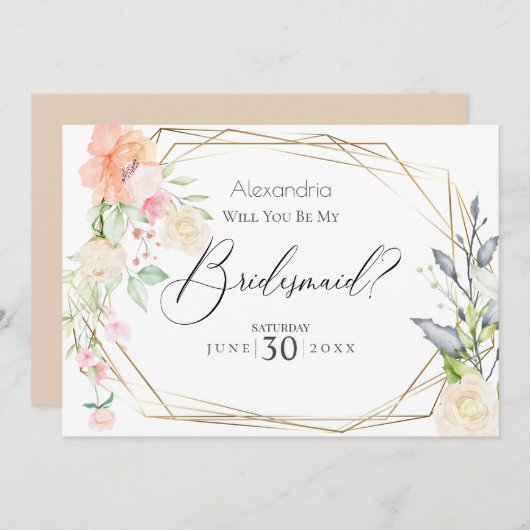 Waterverf Blush Flowers zal je mijn Bridesmaid zij Kaart (Voorkant / Achterkant)