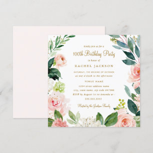 Waterverf Blush Gold Floral 100th Birthday Invite Kaart