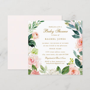Waterverf Blush Gold Floral Baby shower Uitnodigen Kaart