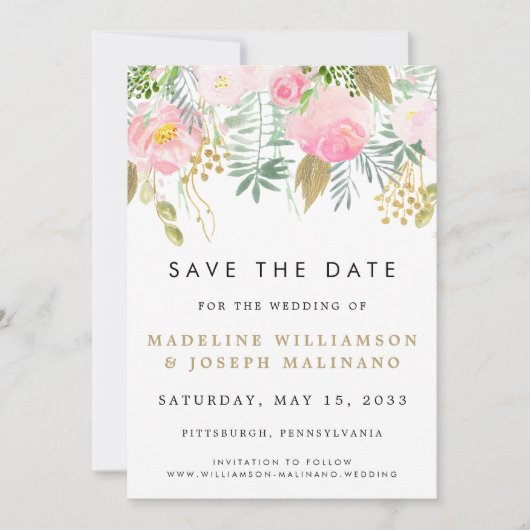 Waterverf Blush & Gold Floral Foto Opslaan datum Save The Date (Voorkant)