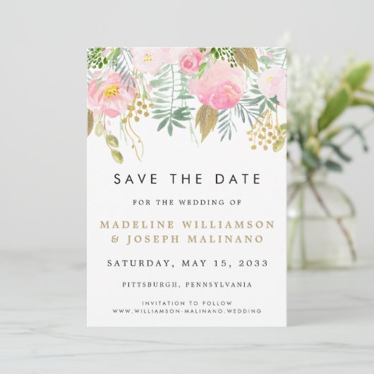 Waterverf Blush & Gold Floral Foto Opslaan datum Save The Date (Staand voorkant)