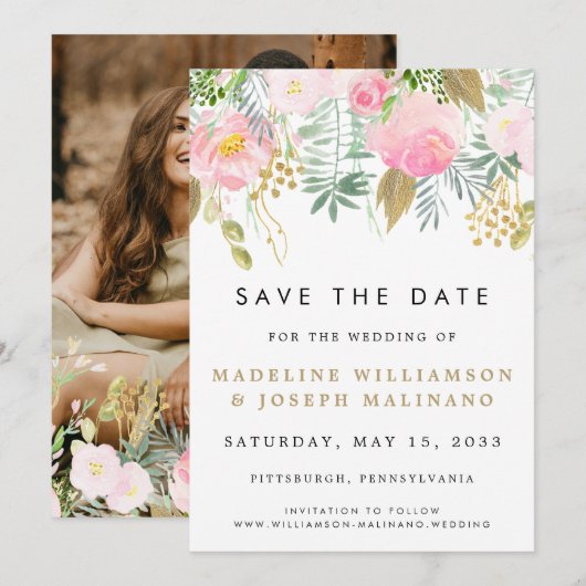 Waterverf Blush & Gold Floral Foto Opslaan datum Save The Date (Voorkant / Achterkant)