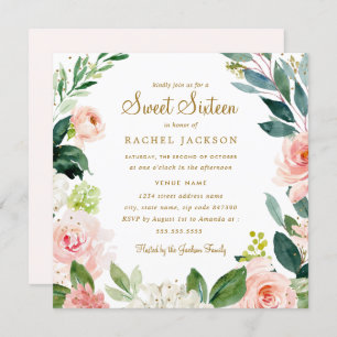 Waterverf Blush Gold Floral Sweet Sixteen Invite Kaart