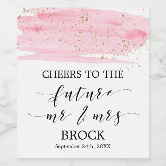 Waterverf Blush & Gold Future Mr & Mrs Verloving Wijn Etiket (Enkel label)