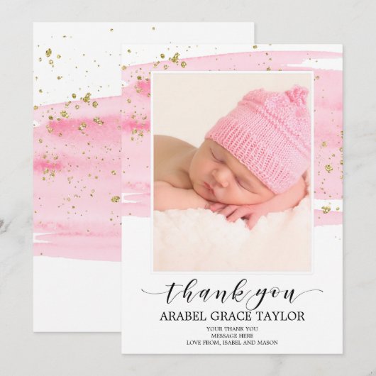 Waterverf Blush & Gold Photo Hartelijk dank Aankondiging (Voorkant / Achterkant)