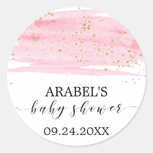 Waterverf Blush & Gold Sparkle Baby shower Favor Ronde Sticker (Voorkant)