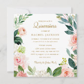 Waterverf Blush Goud Bloemen Quinceanera Invite Kaart (Voorkant)