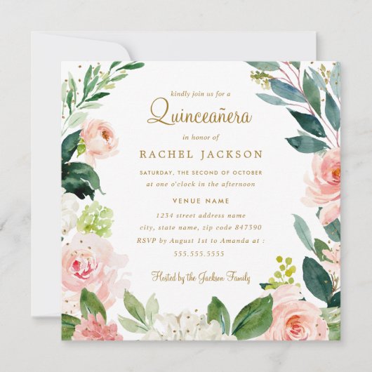 Waterverf Blush Goud Bloemen Quinceanera Invite Kaart (Voorkant)