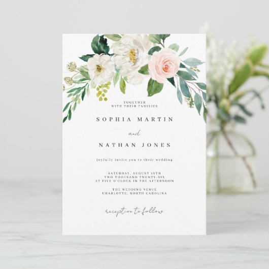 Waterverf Blush Green Leaf Botanical Wedding Inv Kaart (Staand voorkant)