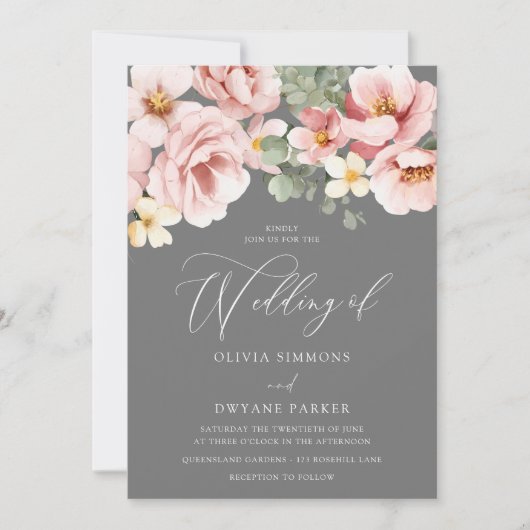 Waterverf Blush & Grijs Bloemen Bruiloft Kaart (Voorkant)