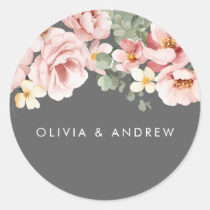 Waterverf Blush & Grijs Bloemen Bruiloft Ronde Sticker