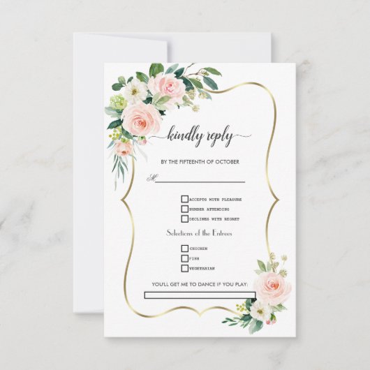 Waterverf Blush Ivoor Bloemen Gouden Bruiloft RSVP Kaartje (Voorkant)