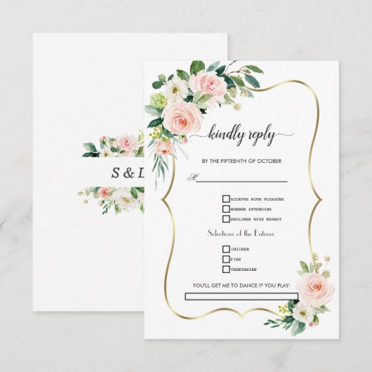 Waterverf Blush Ivoor Bloemen Gouden Bruiloft RSVP Kaartje (Voorkant / Achterkant)