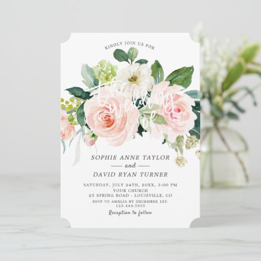 Waterverf Blush Ivoor Bloemendiepe Aqua Bruiloft Kaart (Staand voorkant)