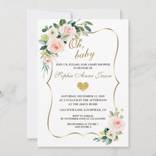 Waterverf Blush Ivory Flowers Gold Baby shower Kaart (Voorkant)