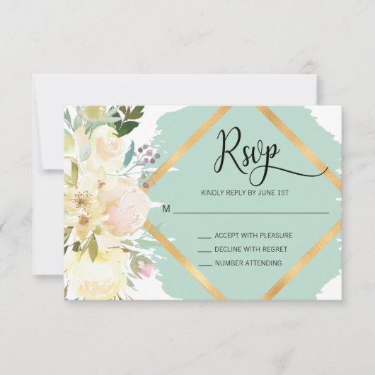 Waterverf Blush Mint Ivoor Bloemen Bruiloft RSVP Kaartje (Voorkant)