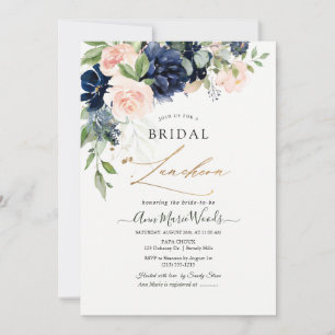 Waterverf Blush Navy Blauwe Bloemen Bruidslunch Kaart