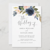 Waterverf Blush Navy Bloemenkrans Bruiloft Kaart (Voorkant)