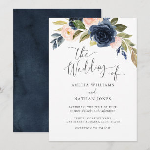 Waterverf Blush Navy Bloemenkrans Bruiloft Kaart