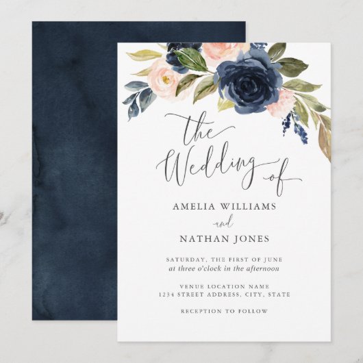 Waterverf Blush Navy Bloemenkrans Bruiloft Kaart (Voorkant / Achterkant)