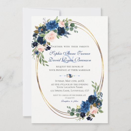 Waterverf Blush Navy Blue Floral Bloom Wedding Kaart (Voorkant)