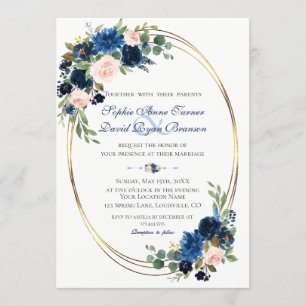 Waterverf Blush Navy Blue Floral Bloom Wedding Kaart