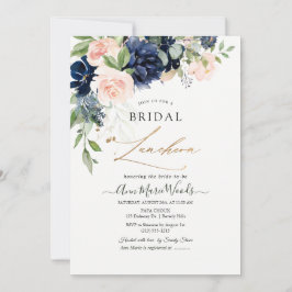 Waterverf Blush Navy Blue Flowers Bridal Lunchoen Kaart