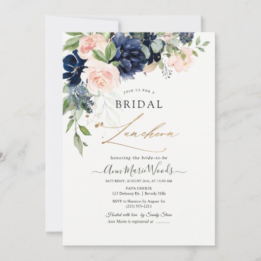 Waterverf Blush Navy Blue Flowers Bridal Lunchoen Kaart (Voorkant)