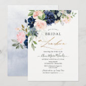 Waterverf Blush Navy Blue Flowers Bridal Lunchoen Kaart (Voorkant / Achterkant)