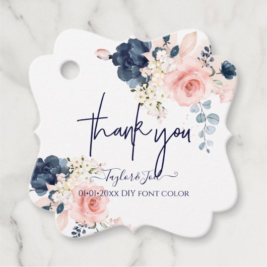 Waterverf Blush Navy Blue Rozen Dank u wel Bedankjes Labels (Voorkant)