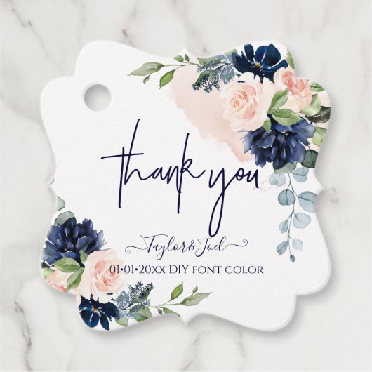 Waterverf Blush Navy Blue Rozen Dank u wel Bedankjes Labels (Voorkant)