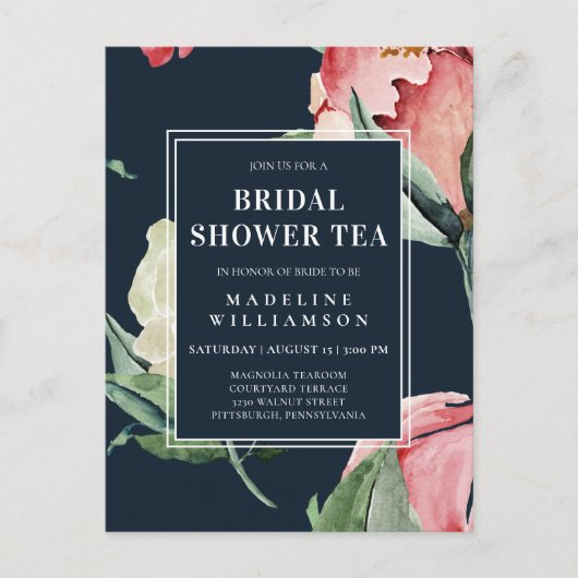 Waterverf Blush Navy Floral Vrijgezellenfeest Tea Briefkaart (Voorkant)