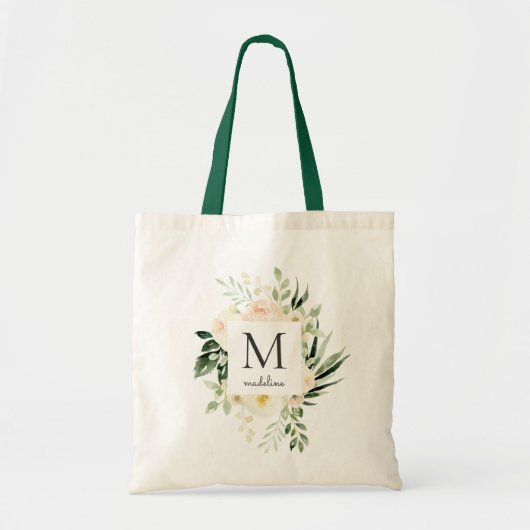 Waterverf Blush Peach Floral Greenery Monogram Tote Bag (Voorkant)