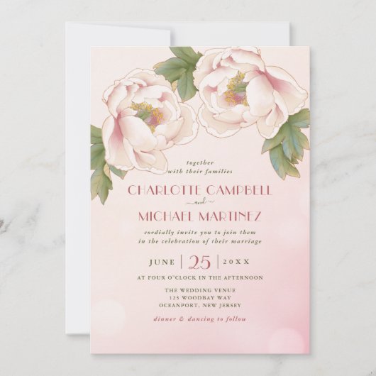 Waterverf Blush Peony Flower Photo Wedding Kaart (Voorkant)