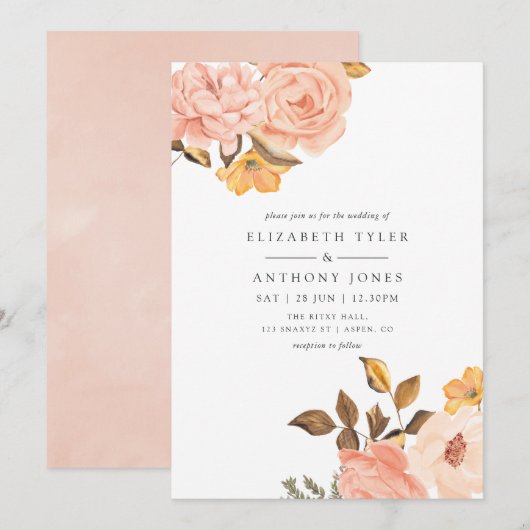 Waterverf Blush Pink and Gold Floral Wedding Kaart (Voorkant / Achterkant)