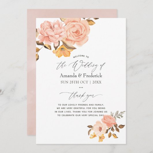 Waterverf Blush Pink and Gold Floral Wedding Programmakaart (Voorkant / Achterkant)