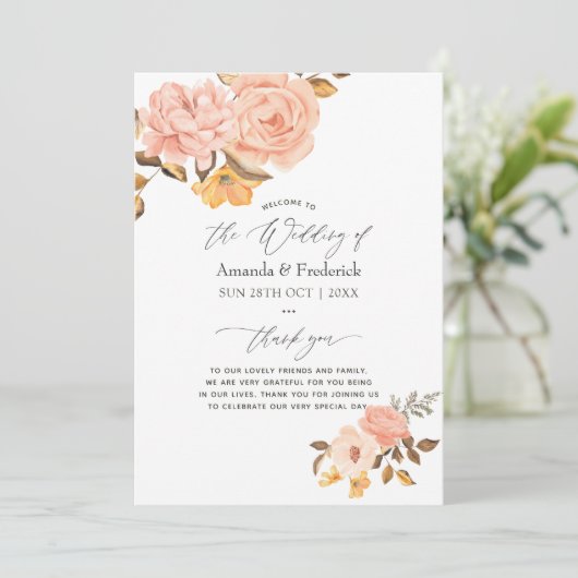 Waterverf Blush Pink and Gold Floral Wedding Programmakaart (Staand voorkant)